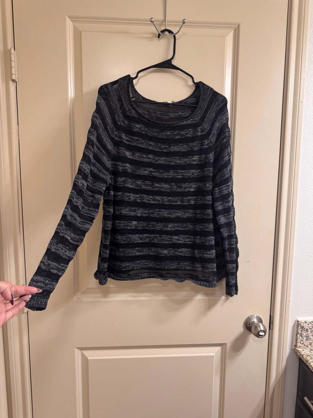 Eileen Fisher Women's Black and Gray Striped Sheer Open Knit Cotton Sweater